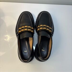 Zara Black Loafers with Gold Buckle Chain, Shoes